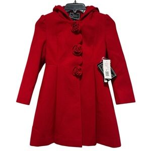 NWT Rothschild Long Pleated Dress Coat S 7/8 Hooded Red Rosettes Retro Paris